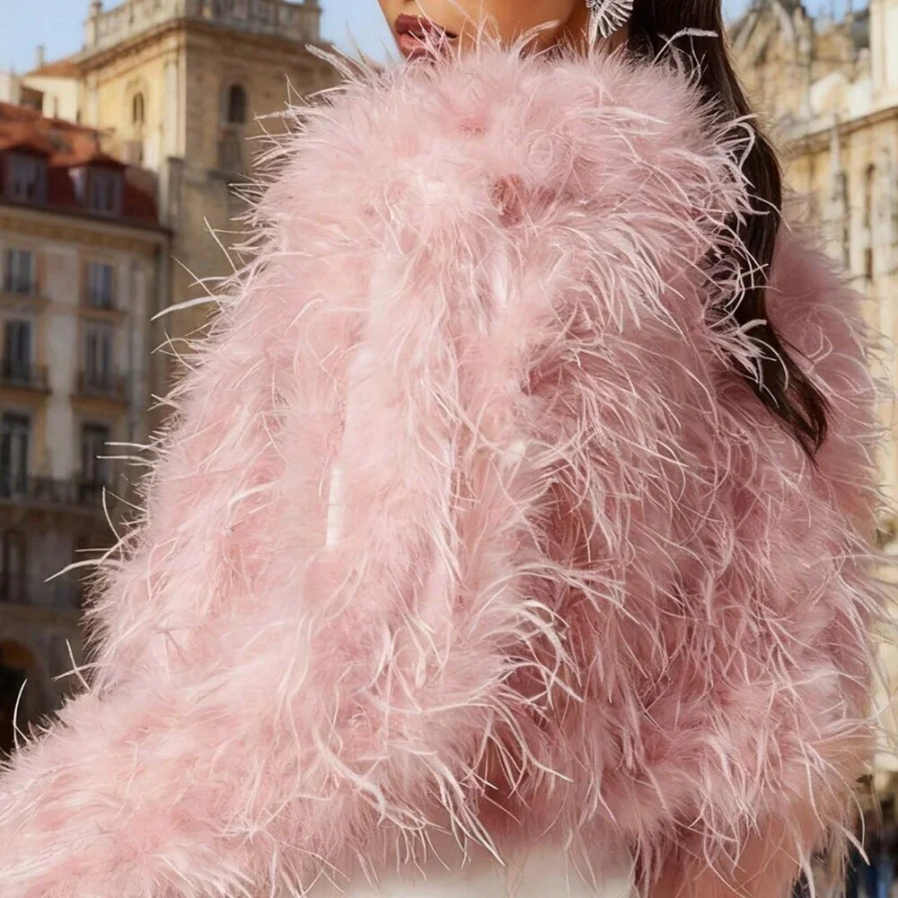 Pink Casual Women's Crew Neck Long Haired Coat - Picture 4 of 4